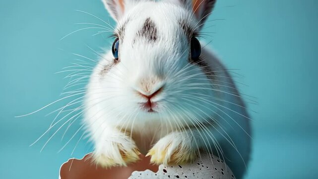 Adorable white bunny peeking over broken eggshell with light blue background and curious expression, symbolizing spring renewal