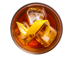 Top View of Godfather Cocktail with Lemon Zest Curl and Ice, isolated on a transparent background.