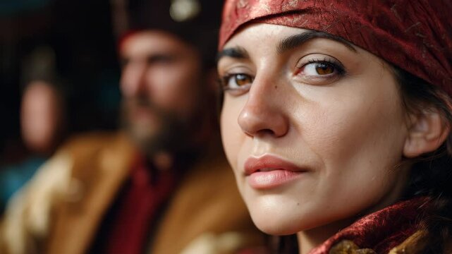 Woman in pirate costume drinking from tankard and gazing thoughtfully in tavern setting