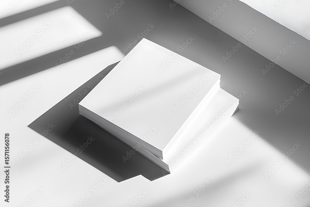 Poster stack of white paper sheets on clean white surface with shadow effects