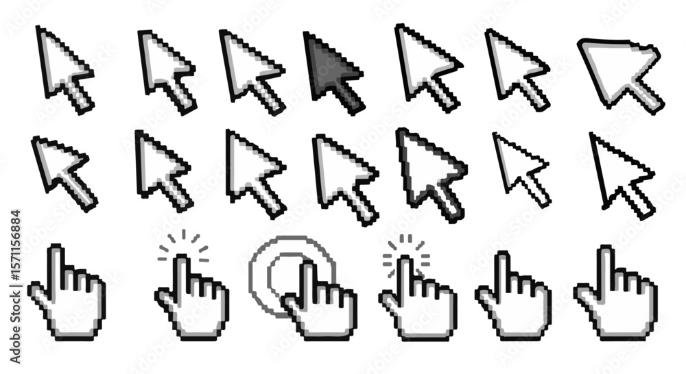 Fototapete collection of pixelated computer mouse cursors and hand pointers in various styles and positions, id