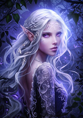 Mystical Elf Woman with Silver Hair and Violet Eyes, Fantasy Forest Portrait, Enchanted Elven Beauty with Magical Glow, Dark Fantasy Female Elf Art