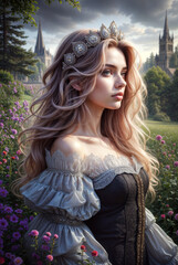 Regal Fantasy Princess in Flower Field, Elegant Woman with Tiara and Castle Background, Royal Portrait in Medieval Garden, Romantic Historical Fantasy Scene