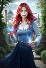 Fantasy Schoolgirl with Magic Powers, Red-Haired Mage Student in Academy Garden, Magical Academy Adventure, Urban Fantasy Illustration