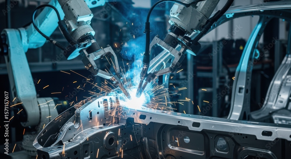 Poster two robotic arms are performing spot welding operations on a car chassis in a technologically advanc