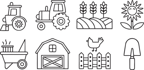 Minimal agriculture and farming vector icons, includes tractor, wheat, barn, crop, irrigation, shovel, animal, editable clean black line set