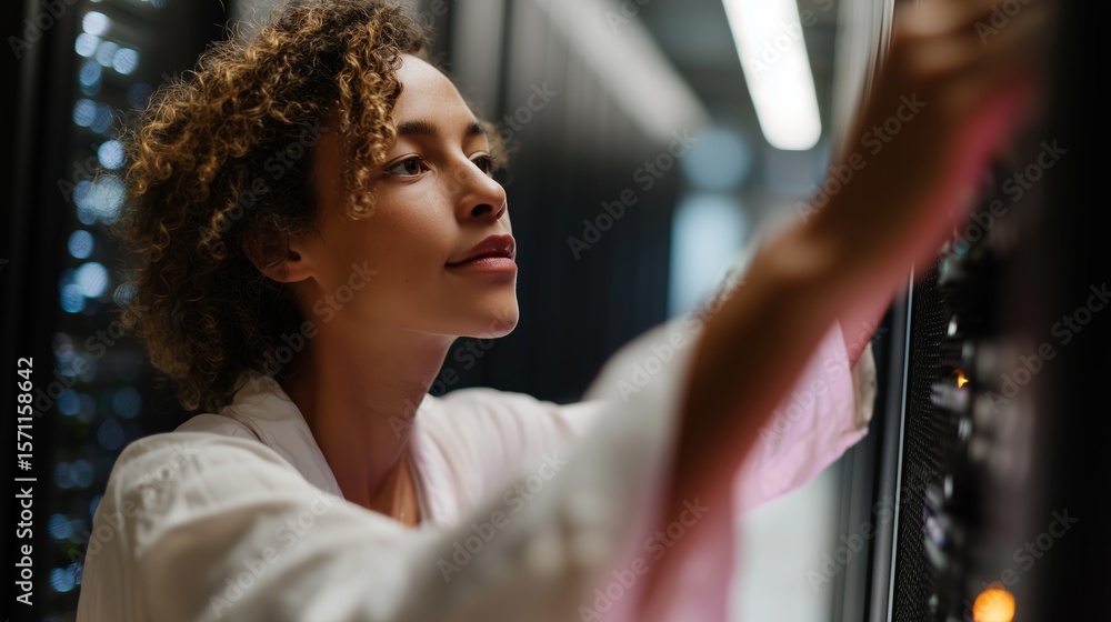 Poster engineer works on server configuration in modern data center during evening hours