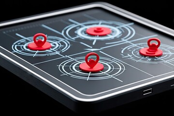 Tablet screen with multiple red location markers.  Circular graphical overlays on a dark background