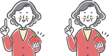 財布を持ち指差しをするシニア女性　上半身　ベクター
