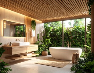 Fototapeta premium A contemporary powder room with statement ceiling light fixture and artistic wall
