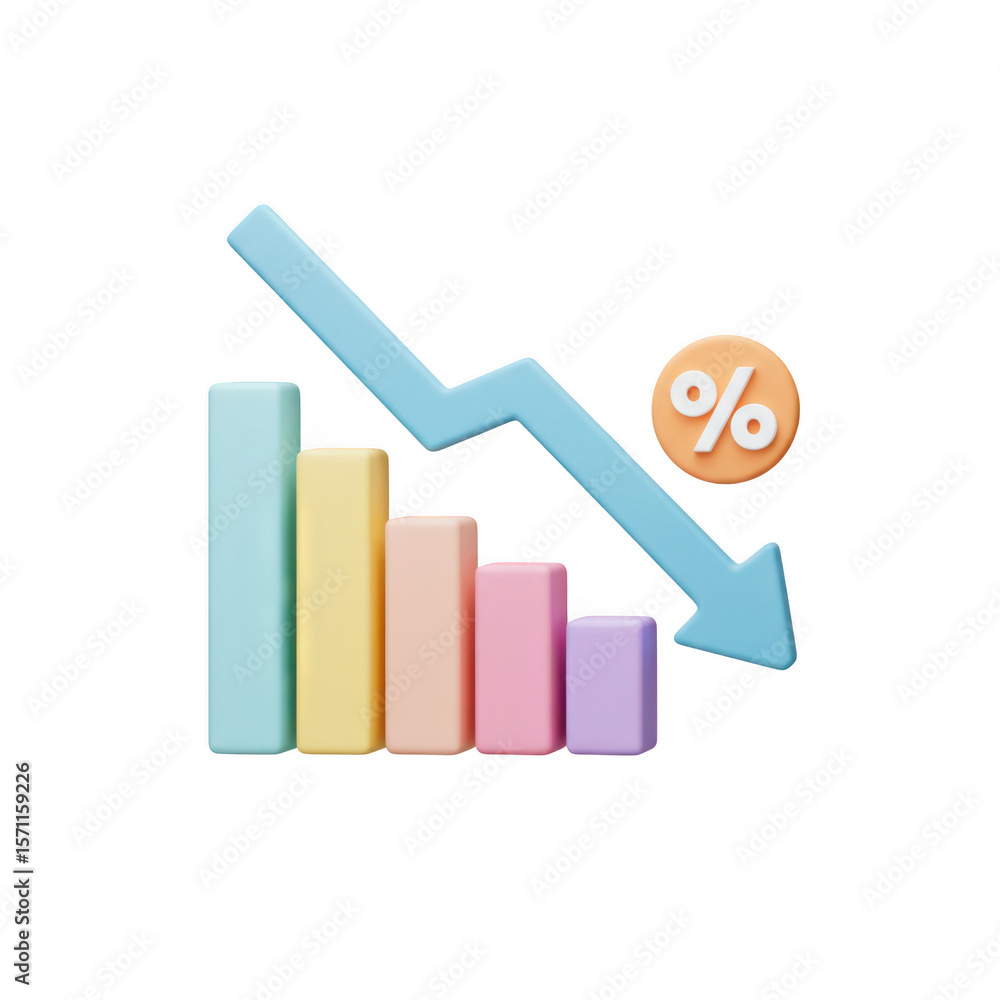 Poster a 3d render of a pastel bar graph showing a sharp decrease in percentage, isolated on transparent ba