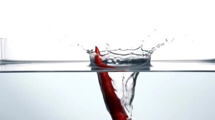 Red chili pepper dropping into water with splash. Chili plunging into clear water. Overhead footage of chili hitting water, creating splash ripple. Perfect for spicy ads. - Powered by Adobe