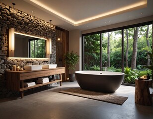 Fototapeta premium A modern spa-inspired bathroom with recessed ceiling lights, freestanding bathtub,