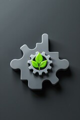 puzzle of factory with leaf and gear symbol, green manufacturing metaphor, stylized 3d illustration