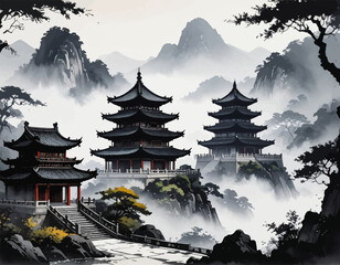 Obraz premium Timeless temple in foggy peaks. Chinese brush painting of nature. Temple in silent mountain mist. Eastern landscape in black ink. Temple silhouettes in mountains