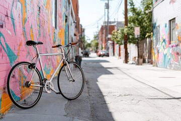 Fototapeta premium Colorful street art enhances urban backdrop featuring bicycle pa