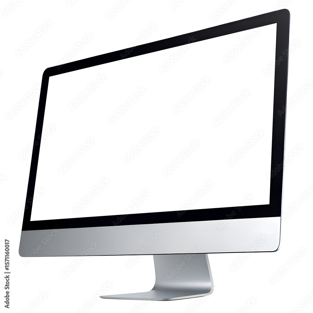 Poster modern silver all in one computer with a blank white screen isolated on transparent background