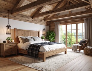 A rustic cabin-inspired bedroom with exposed wood ceiling beams, hanging lantern ligh