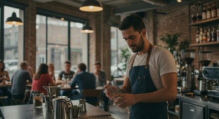 Man washing a glass behind the counter of a trendy café, blurred customers in the background