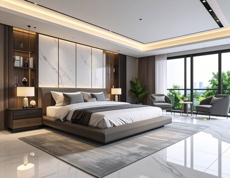 A luxury bedroom with a floating bed, indirect LED ceiling lighting, marble side
