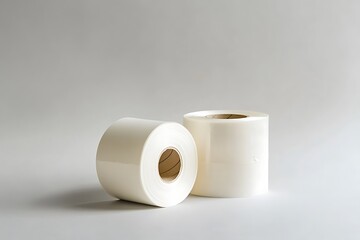 Two Rolls of Pale Yellow Plastic Film with Smooth Surface Isolated on Grey Background