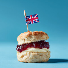 scone with jam and cream with union jack flag toothpick isolated on plain blue color studio background