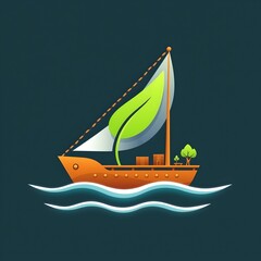 ship freight icon with leaf sail, maritime green logistics, macro over ocean & trees blend