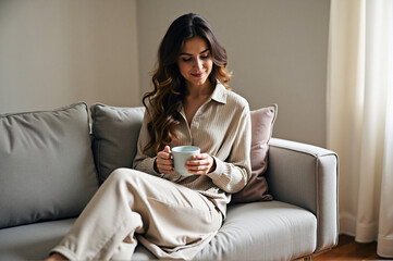 A woman sitting on a couch holding a cup of coffee.