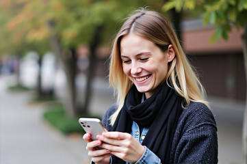 A woman is smiling while looking at her phone.