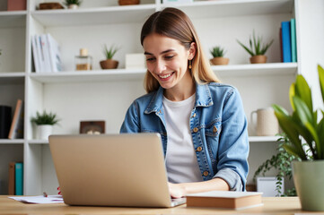A woman sitting at a desk using a laptop.