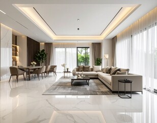A minimalist luxury living room with marble flooring, elegant ceiling cove lighting