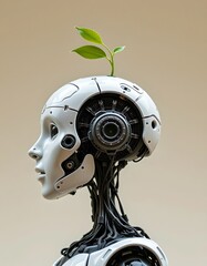 ai robot head with sprout antenna, eco conscious ai design, surreal macro style