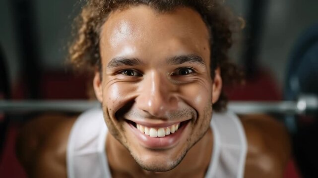 Focused transition to joyful expression of man exercising in gym environment