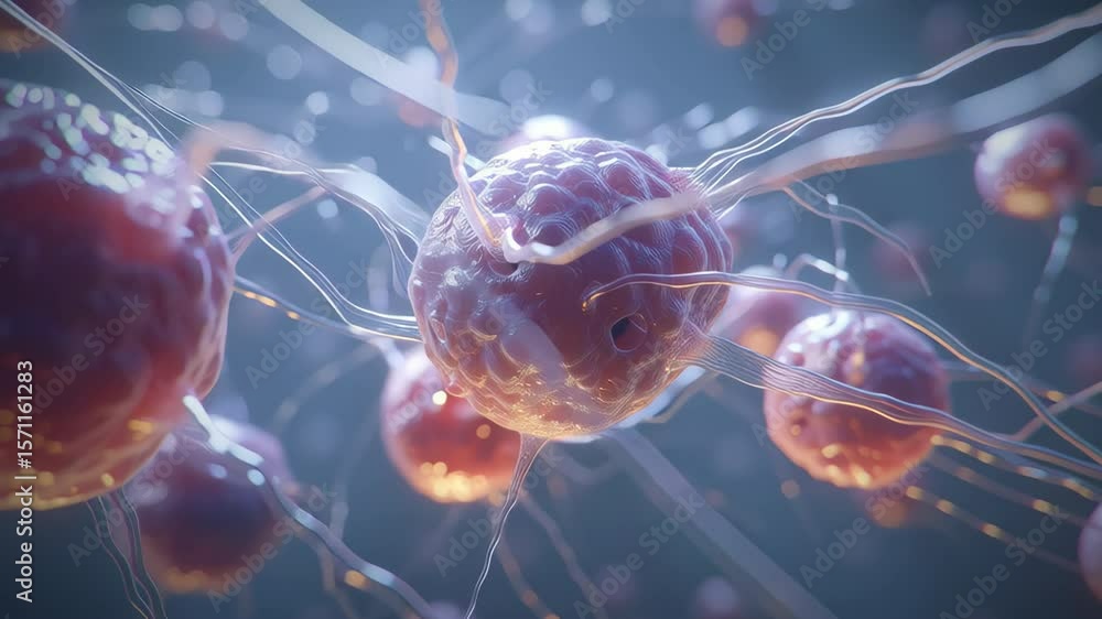 Poster a bunch of pink balls with a lot of strings. some of the balls are connected to each other