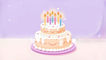 Two-tier birthday cake with candles glowing in soft purple light