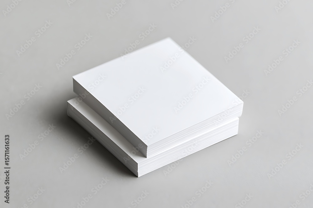 Poster two square stacks of clean white paper sheets on soft gray background surface