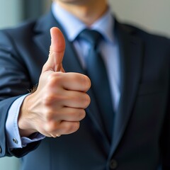 employee holding thumbs up icon, hr satisfaction survey concept, symbolic workplace feedback, macro