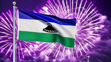 National flag independence state Lesotho, background fireworks. AI Generative