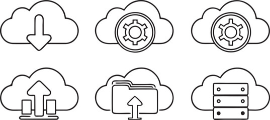 Cloud storage and file sharing icon pack, includes upload, download, sync, cloud folder, file transfer, storage limit, editable clean flat tech black vector