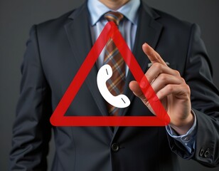 crisis communication plan, executive in suit with warning triangle + phone icon overlay, symbolic campaign image