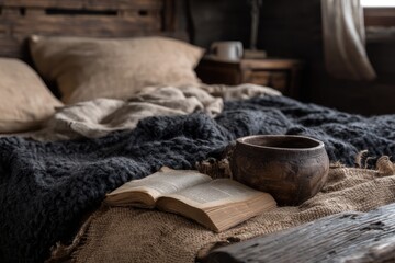 Rustic bedroom scene with open book, cozy blanket, and wooden bowl