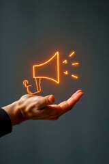 change communication, hand with speaker + refresh icon overlay, symbolic editorial with floating icon layout
