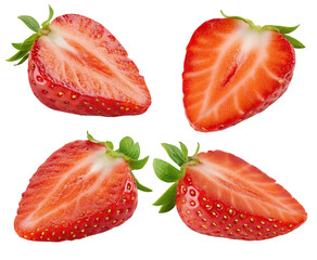 Fresh sliced strawberries with vibrant red texture and green leaves isolated on white background