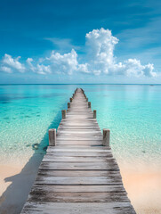 Obraz premium Serene tropical beach paradise with wooden pier stretching out to the calm turquoise ocean under a bright sunny sky.