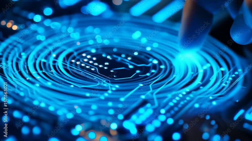 Poster observe the delicate touch on a glowing circuit board, illuminating the intricate pathways of techno
