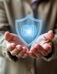 secure retirement planning, hands protecting shield + elderly icon overlay, future protection macro image