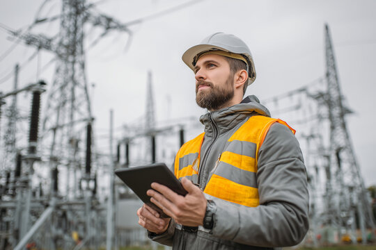 An electrical engineer inspecting a power substation in the field, wearing a hard hat and reflective vest, holding a tablet, high-voltage towers in the background
