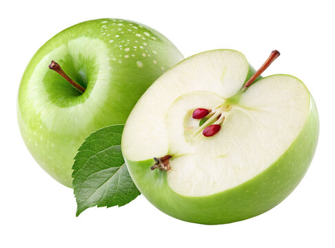 Fresh green apple and sliced half with seeds on black background for healthy food concept