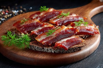 Appetizing bacon and rye bread hors doeuvres garnished with fresh dill atop a wooden serving board
