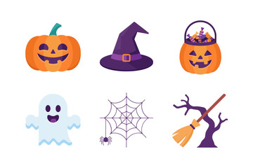 Halloween icon set, pumpkin, witch hat, ghost, spider web, broom, trick or treat, festive vector, spooky celebration